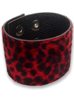Red leopard print wrist cuff made from faux fur and black PU leather, shown fastened with adjustable press studs.