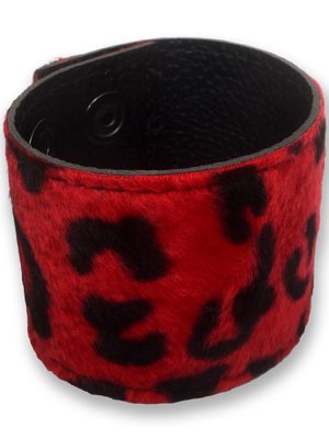 Blood red leopard print wrist cuff made from faux fur and black PU leather, shown fastened with adjustable press studs.