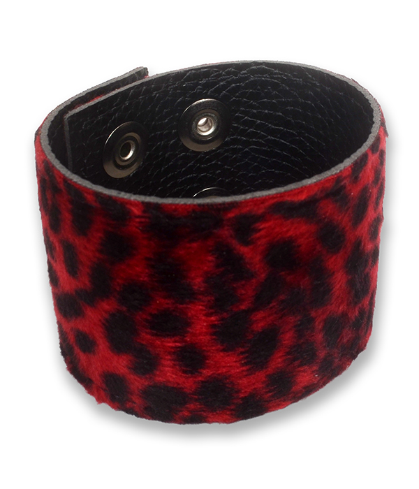 Red leopard print wrist cuff made from faux fur and black PU leather, shown fastened with adjustable press studs.
