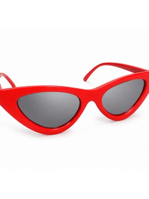 Glossy red cat eye sunglasses with dark mirrored lenses photographed on a white background.
