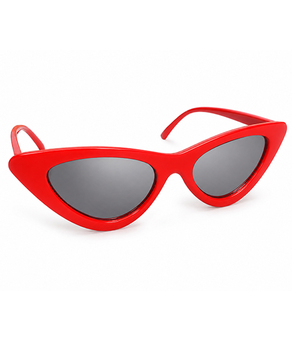 Glossy red cat eye sunglasses with dark mirrored lenses photographed on a white background.
