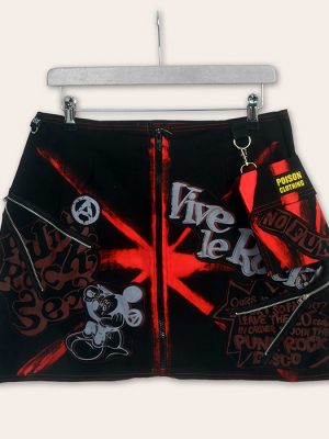 UK-made red and black Seditionaries-inspired punk mini skirt with zips, slogans, and a detachable pocket.