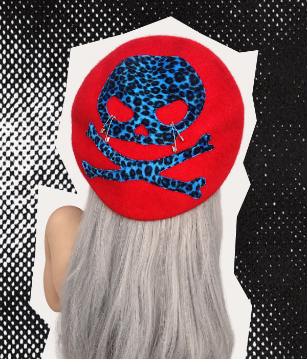 Red & Blue Leopard print Skull Beret - Image 3
