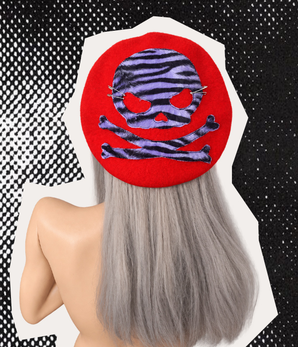 Red gothic punk beret with purple and black zebra-print skull and crossbones, handmade by Poison Clothing