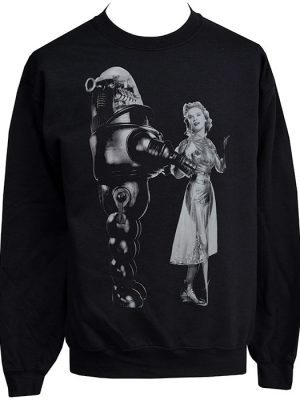 Black sweatshirt featuring a large monochrome Forbidden Planet inspired print of Robby Robot standing beside Anne Francis in a vintage silver dress.