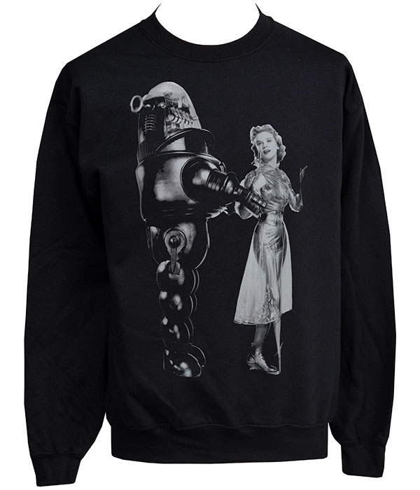 Black sweatshirt featuring a large monochrome Forbidden Planet inspired print of Robby Robot standing beside Anne Francis in a vintage silver dress.