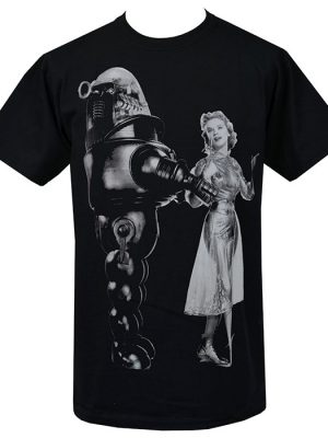 Black men’s T-shirt featuring a large monochrome vintage sci-fi style print of Robby Robot beside a glamorous woman in a classic silver dress.