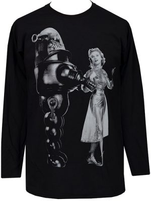 Black men’s long sleeve T-shirt featuring a large monochrome Forbidden Planet inspired print of Robby Robot standing beside Anne Francis in a vintage silver dress.