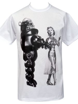 White men’s T-shirt featuring a large monochrome Forbidden Planet inspired print of Robby Robot standing beside Anne Francis in a vintage silver dress.