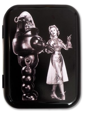 Black rectangular metal tin featuring Robby Robot and Anne Francis in a vintage Forbidden Planet inspired black and white design.