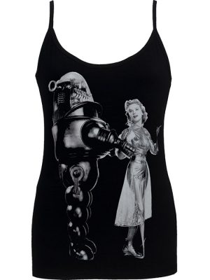 Black women’s strappy top featuring a large monochrome Forbidden Planet inspired print of Robby Robot standing beside Anne Francis in a vintage silver dress.
