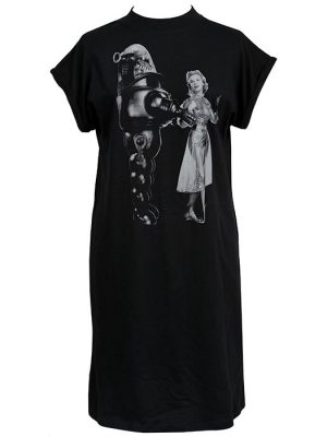 Black women’s T-shirt dress featuring a large monochrome Forbidden Planet inspired print of Robby Robot standing beside Anne Francis in a vintage silver dress.