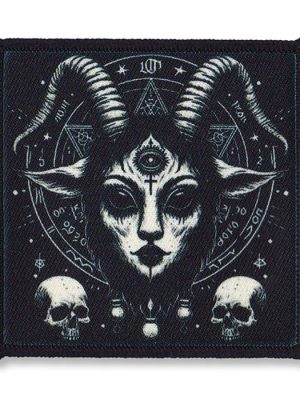 Baphomet Goat Head Patch with dark occult design, twisted horns, third eye, ritual symbols, and skulls.