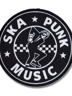 Round black sew-on patch with white checkerboard, skanking rude boy graphic, and the words “Ska Punk Music.”