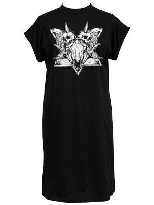 Black women’s t-shirt dress with mirrored white satanic goat skulls and curled ram horns over a pentagram backdrop.