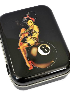 Gloss black metal tin with 8-Ball Pin-Up artwork featuring rockabilly girl in leopard print sitting on pool ball.
