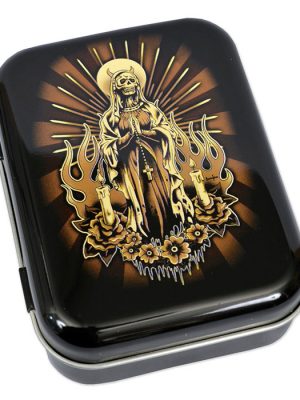 Gloss black metal tin with Dead Madonna skeletal religious artwork, golden rays, candles and flame detailing.