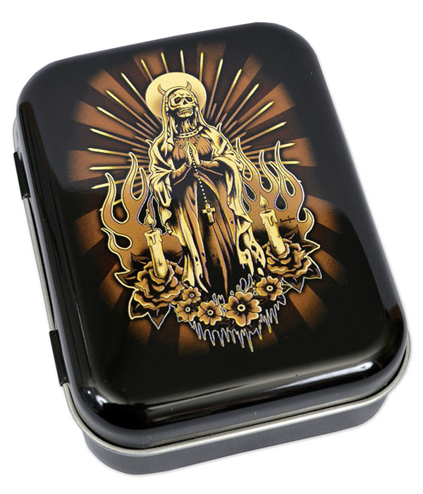 Gloss black metal tin with Dead Madonna skeletal religious artwork, golden rays, candles and flame detailing.