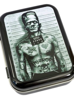 Green toned metal tin with Frankenstein’s Monster mugshot artwork, height chart background and tattoo detailing.