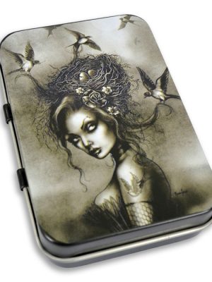 Sepia gothic metal tin with Nest Head Lady portrait artwork featuring bird nest crown and flying swallows.