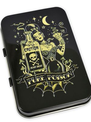 Gloss black metal tin with Pure Poison gothic pin-up artwork holding caution poison bottle under crescent moon design.