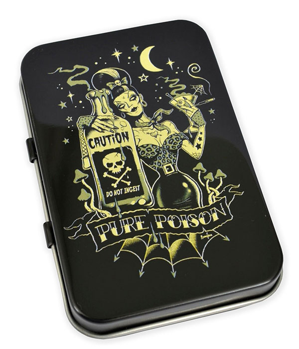 Gloss black metal tin with Pure Poison gothic pin-up artwork holding caution poison bottle under crescent moon design.