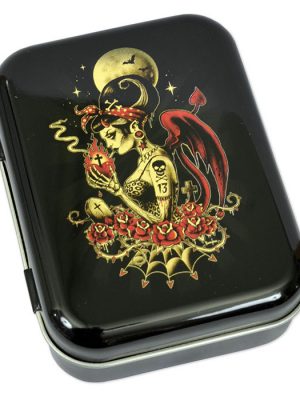Gloss black metal tin featuring Sacred Heart devil girl rockabilly tattoo artwork with red roses and moon background.