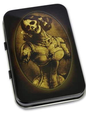 Gloss black metal tin with sepia Victorian gothic skeletal lady portrait artwork in oval frame design.