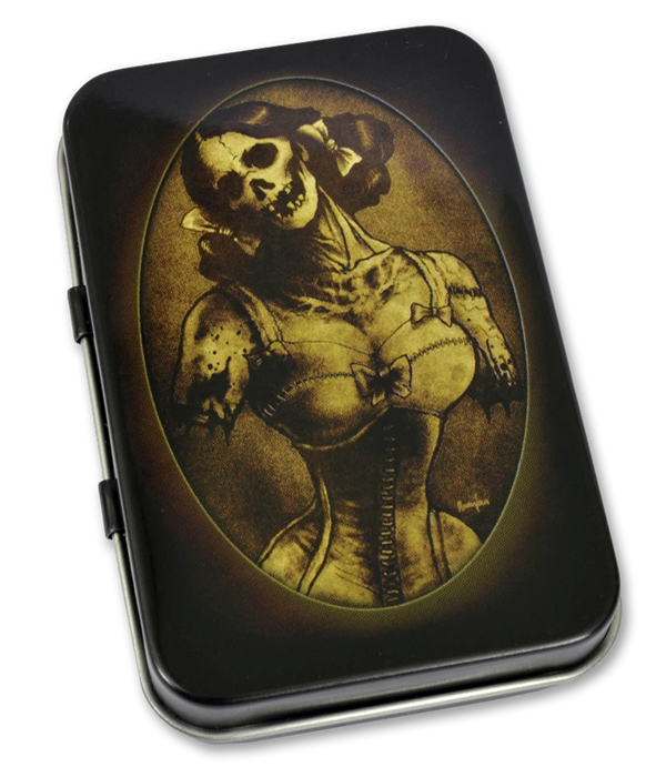 Gloss black metal tin with sepia Victorian gothic skeletal lady portrait artwork in oval frame design.