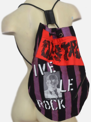 Handmade purple and black striped punk duffle bag with red “Destroy” panel, stencilled lettering, portrait patch, and painted anarchist-style base.