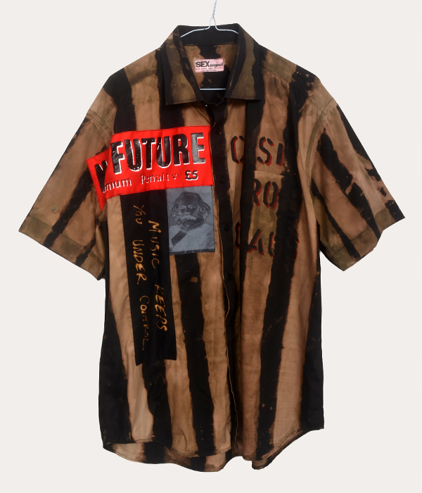 Men’s one-off Seditionaries reproduction shirt in black and tan with No Future and Cash From Chaos graphics