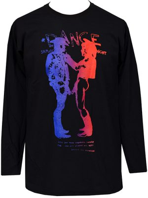 Men's black long sleeve Seditionaries Cowboys punk T-shirt with crew neckline and blue, purple, pink and red artwork showing two cowboy figures beneath distressed DANCE lettering.