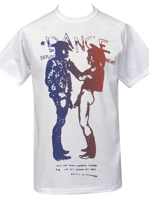 White T-shirt featuring a red and blue Seditionaries-style cowboy graphic inspired by 1970s punk design.