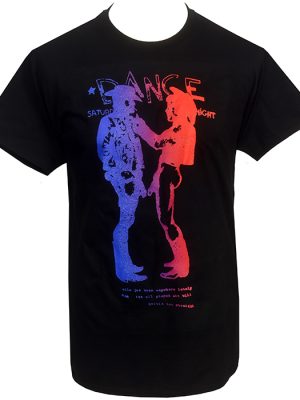 Men's black Seditionaries-style Cowboys punk T-shirt featuring two cowboy figures in a blue, purple, pink and red distressed print beneath DANCE lettering.