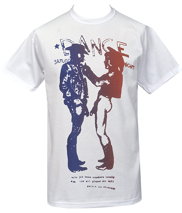 White T-shirt featuring a red and blue Seditionaries-style cowboy graphic inspired by 1970s punk design.
