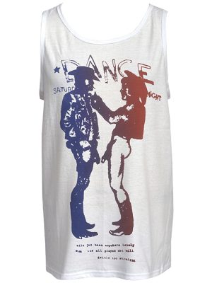 Men’s white tank top with red and blue Seditionaries-style cowboy print inspired by 1970s punk.