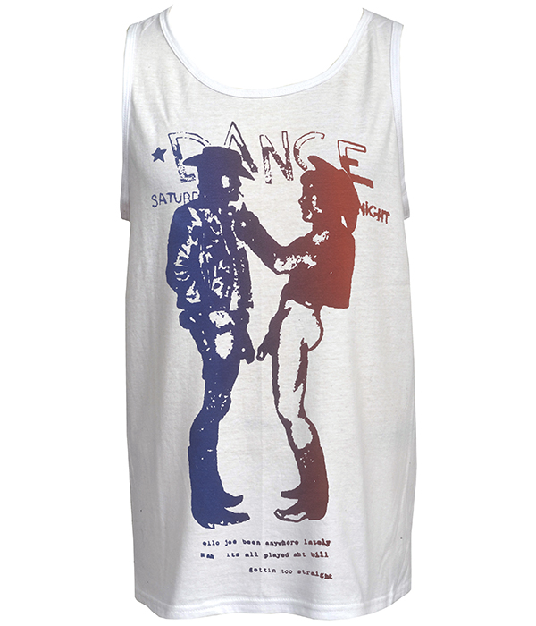 Men’s white tank top with red and blue Seditionaries-style cowboy print inspired by 1970s punk.