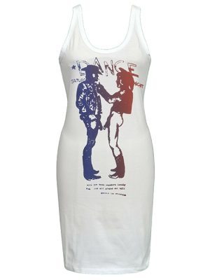 Women’s white sleeveless bodycon dress with red and blue Seditionaries-style cowboy graphic inspired by 70s punk.