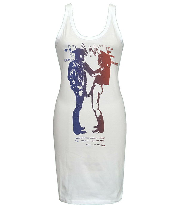 Women’s white sleeveless bodycon dress with red and blue Seditionaries-style cowboy graphic inspired by 70s punk.