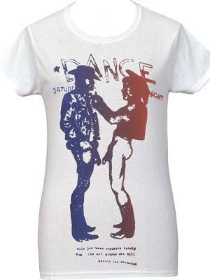 Women’s fitted white T-shirt with red and blue Seditionaries-style cowboy graphic inspired by 1970s punk.