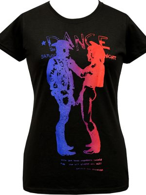 Black fitted woman's punk T-shirt featuring Seditionaries-style Cowboys artwork with two figures in blue, purple, pink and red beneath distressed DANCE lettering.