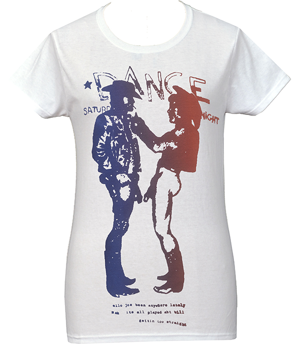 Women’s fitted white T-shirt with red and blue Seditionaries-style cowboy graphic inspired by 1970s punk.