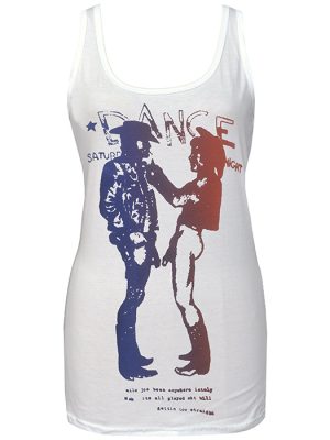 Women’s white tank top with red and blue Seditionaries-style cowboy print inspired by classic 70s punk design.