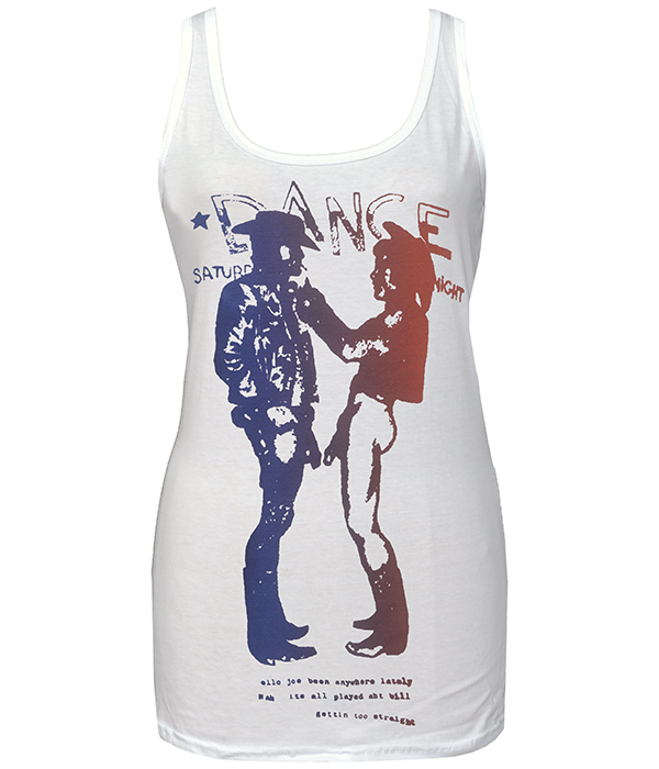 Women’s white tank top with red and blue Seditionaries-style cowboy print inspired by classic 70s punk design.
