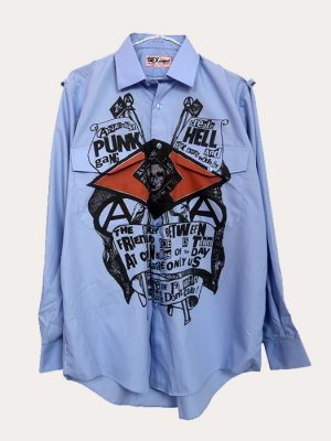 Men’s light blue Seditionaries reproduction shirt with large black and red punk graphic on front