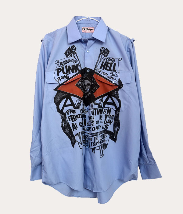 Men’s light blue Seditionaries reproduction shirt with large black and red punk graphic on front