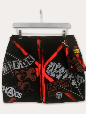 Black and red Seditionaries-inspired punk mini skirt with NO FUTURE patches, Destroy lettering, Mickey anarchy graphic, chaos symbols, zips and detachable pocket, made in the UK.
