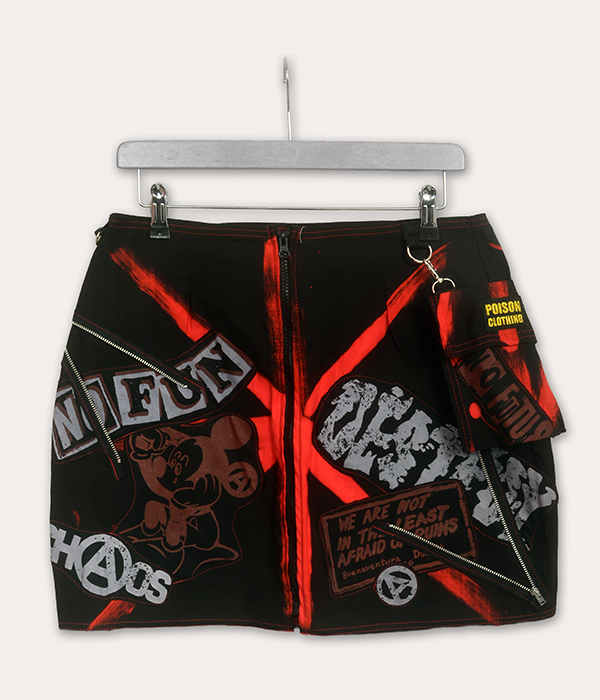 Black and red Seditionaries-inspired punk mini skirt with NO FUTURE patches, Destroy lettering, Mickey anarchy graphic, chaos symbols, zips and detachable pocket, made in the UK.