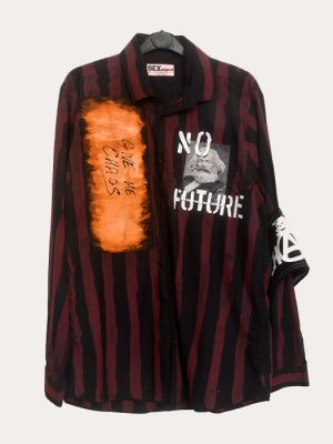 Men’s Seditionaries reproduction punk shirt with red and black distressed stripes and bold anarchic slogan graphics