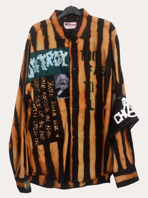 Men’s XL Seditionaries reproduction punk shirt with distressed black and brown stripes, slogan graphics, and armband detail